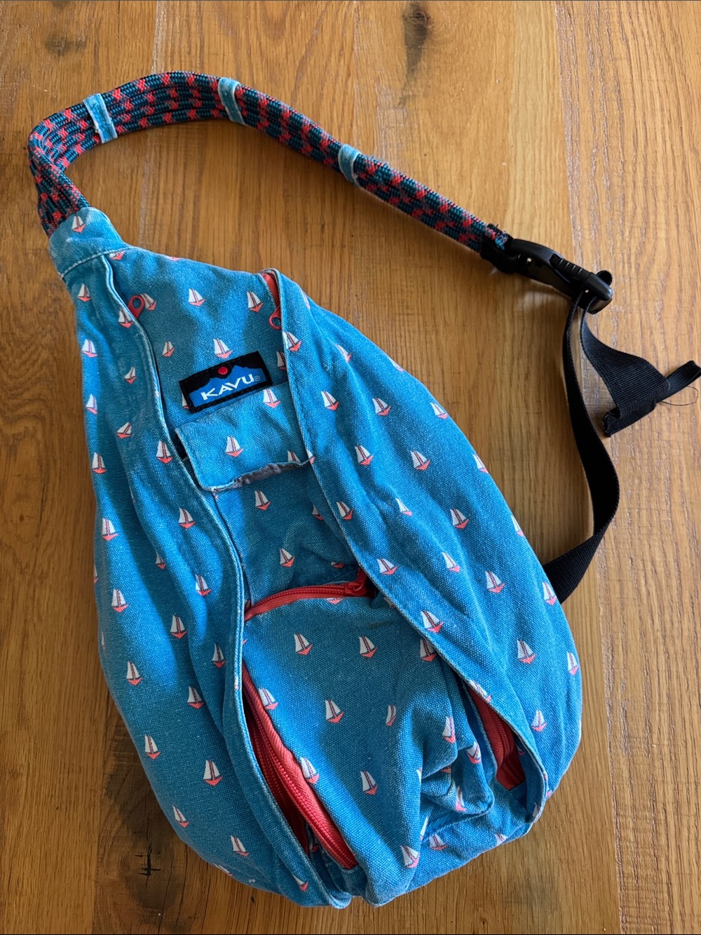 Kavu Teal Sailboat Rope Sling Bag